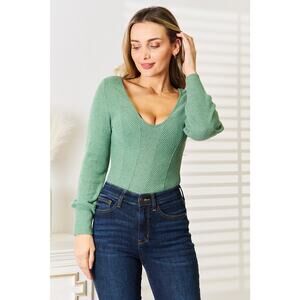 Basic Bae Green Scoop Neck Long Sleeve Textured Top Sexy NEW X-Large